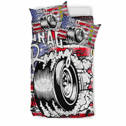 Bedding set with drag racing design featuring an American flag and engine graphic.