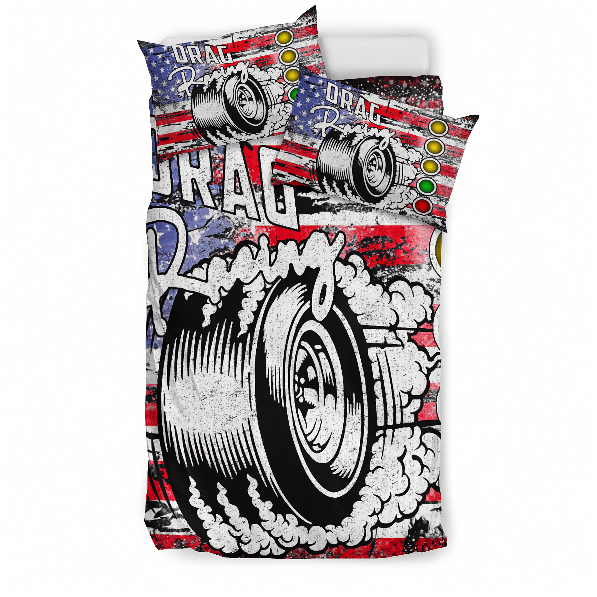 Bedding set with drag racing design featuring an American flag and engine graphic.