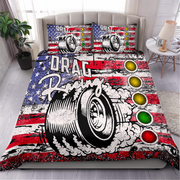 Bedding set with drag racing design featuring American flag colors and a tire graphic.