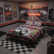 Bedroom with racing theme decor, including bedspread and wall art.