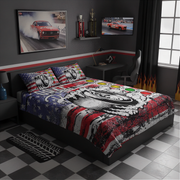 Bedroom with drag racing-themed bedding and decor