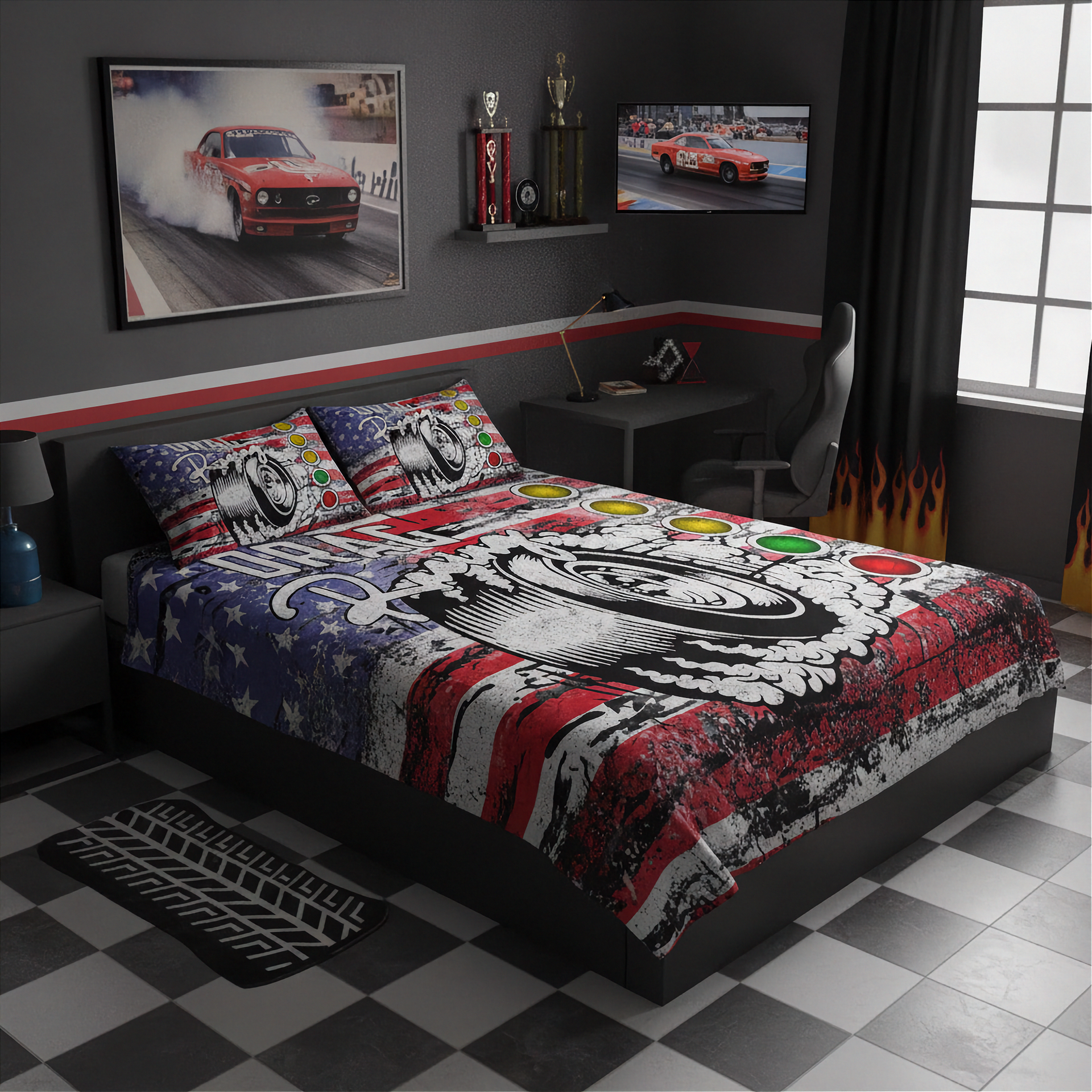 Bedroom with drag racing-themed bedding and decor