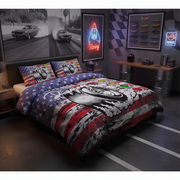 Bedroom with drag racing-themed bedding and decor, including a bedspread with a car design and American flag.