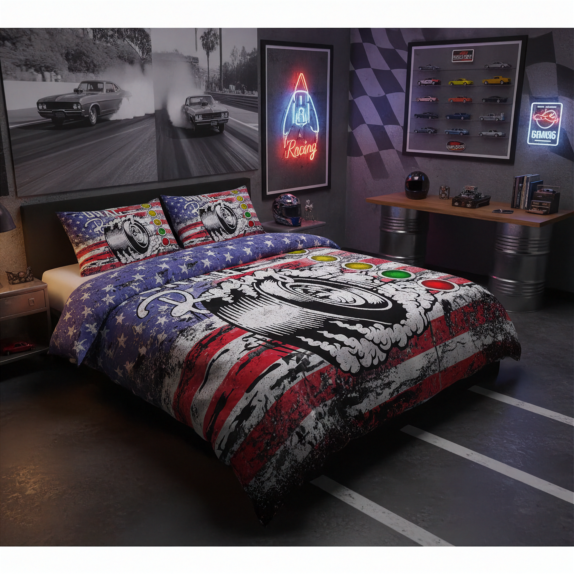 Bedroom with drag racing-themed bedding and decor, including a bedspread with a car design and American flag.