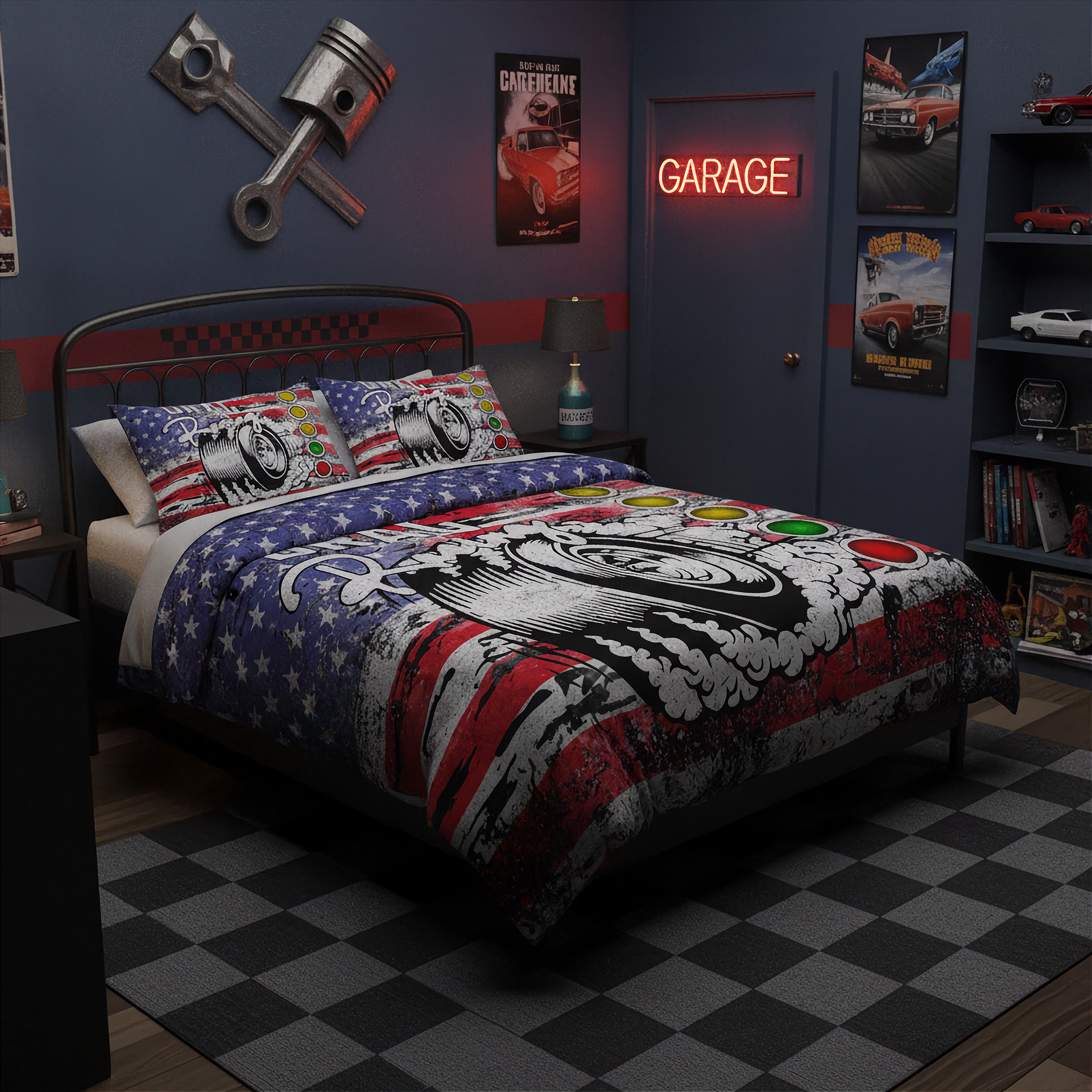 Bedroom with automotive-themed decor, including a bedspread with a skull design and American flag, a neon 'Garage' sign, and car posters on the wall.