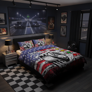 Bedroom with a motorcycle-themed comforter, checkered floor, and racing-themed wall art.