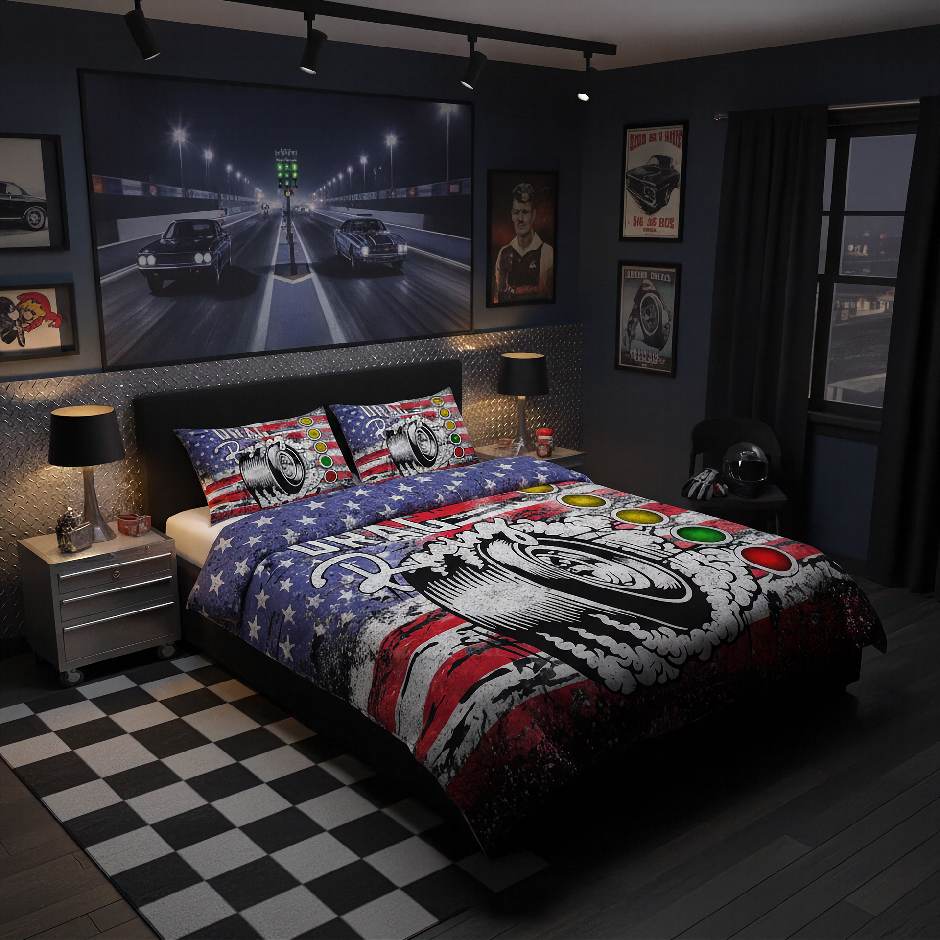 Bedroom with a motorcycle-themed comforter, checkered floor, and racing-themed wall art.