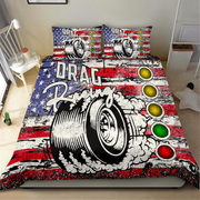 Bedding set with drag racing design featuring American flag colors and graphics.