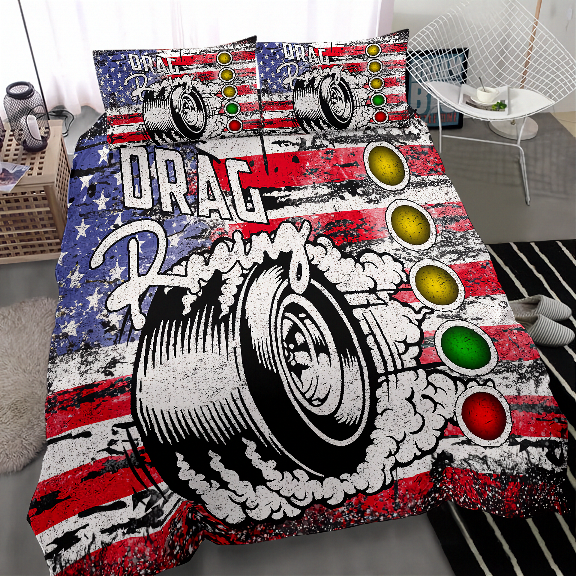 Bedding set with drag racing design featuring American flag colors and graphics.