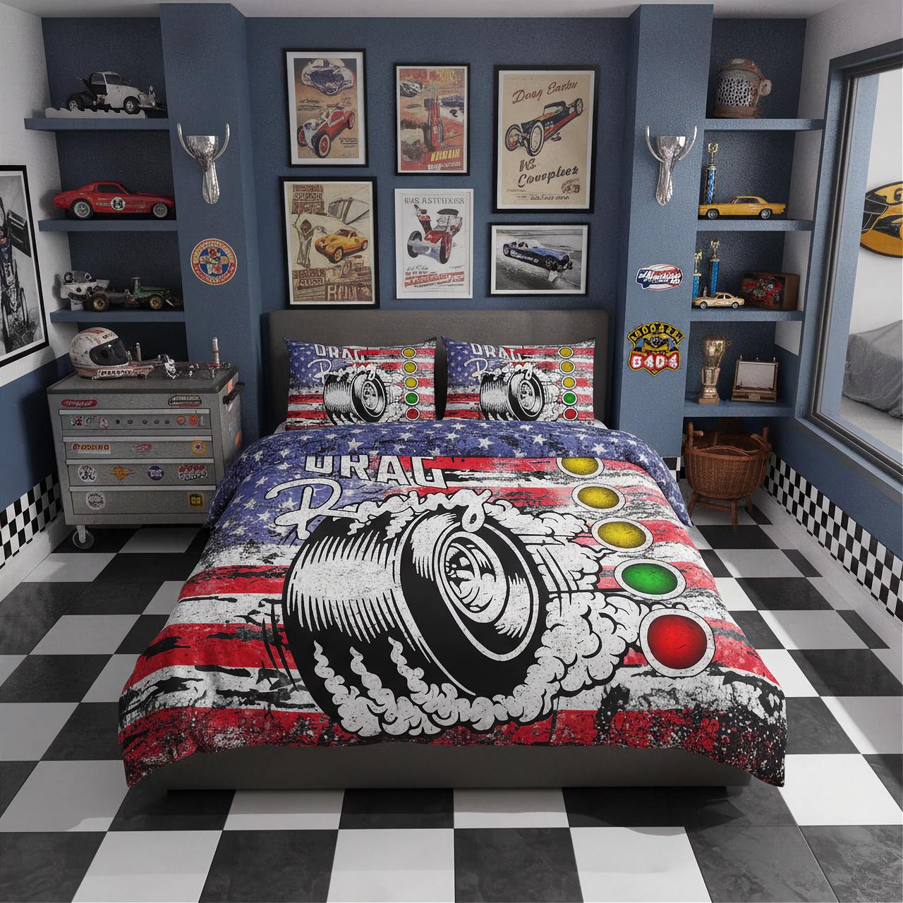Bedroom with racing theme bedding, shelves with model cars, and checkered floor.
