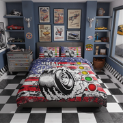 Bedroom with racing theme bedding, shelves with model cars, and checkered floor.