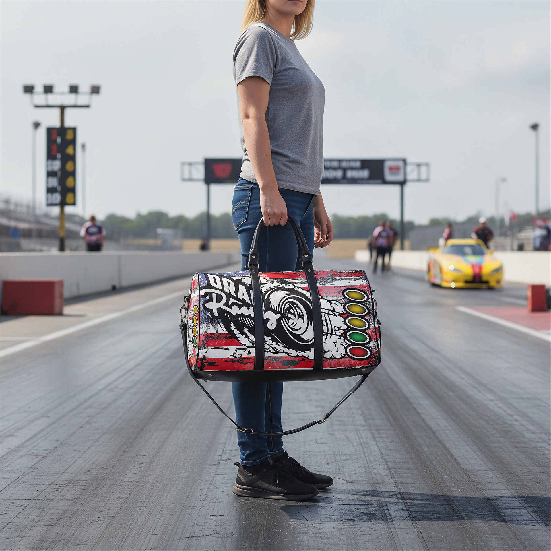 Woman holding a colorful drag racing duffel bag on a race track with a car in the background