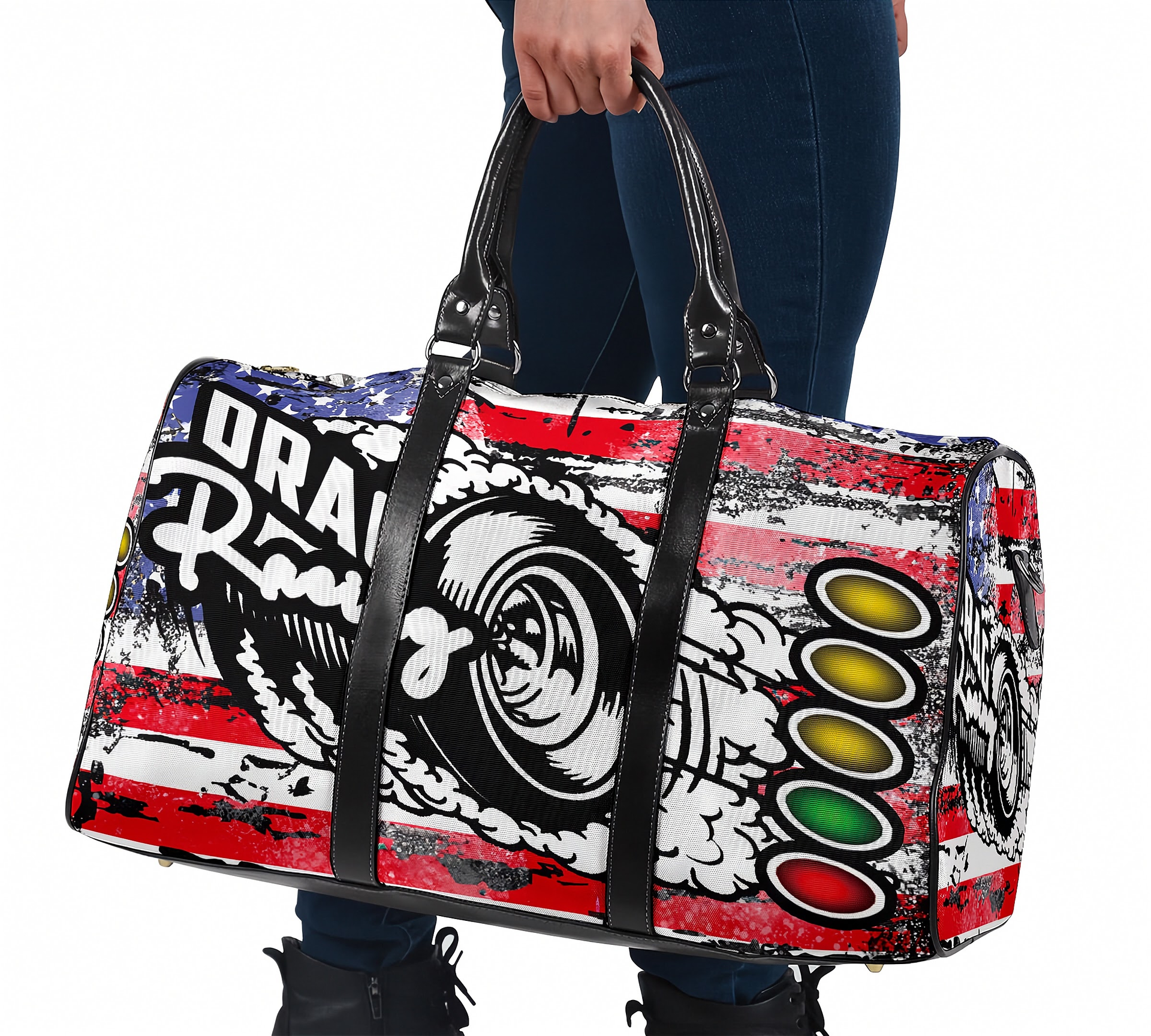 Duffle bag with racing-themed design held by a person