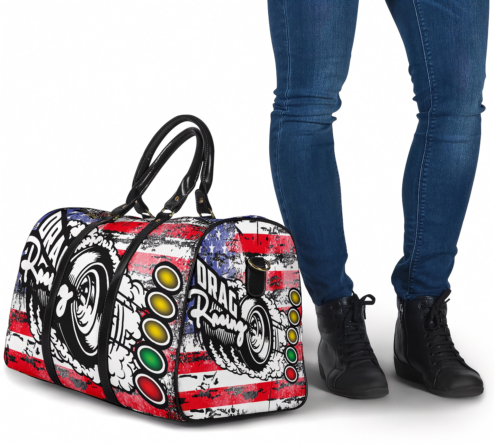 Duffle bag with racing design and person wearing jeans and black shoes