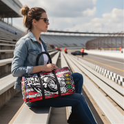 Woman holding a USA flag duffel bag with drag racing graphic designs at a race track.