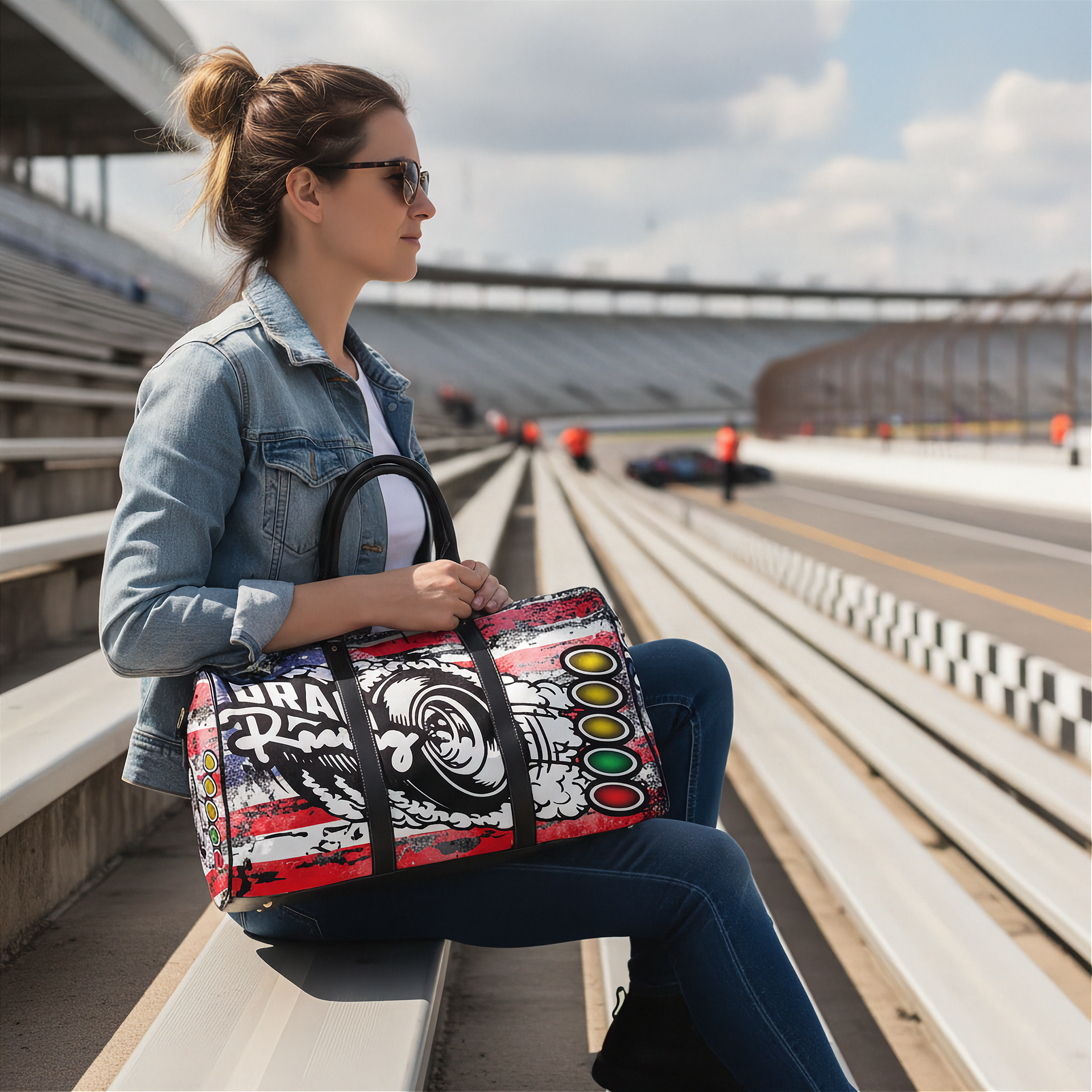 Woman holding a USA flag duffel bag with drag racing graphic designs at a race track.