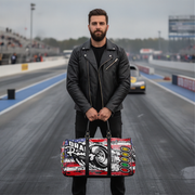 Man holding a usa flag duffel bag with a drag racing graphic designon a race track