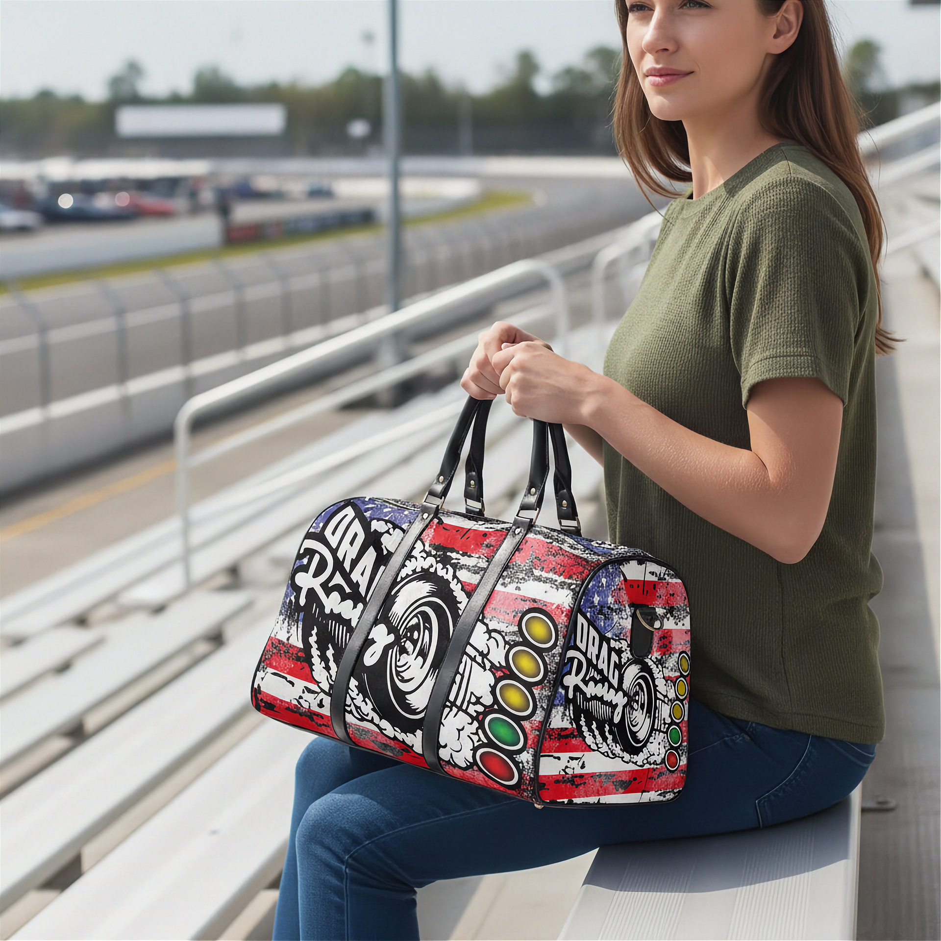 Woman holding a colorful duffel bag with a race car design on a track background