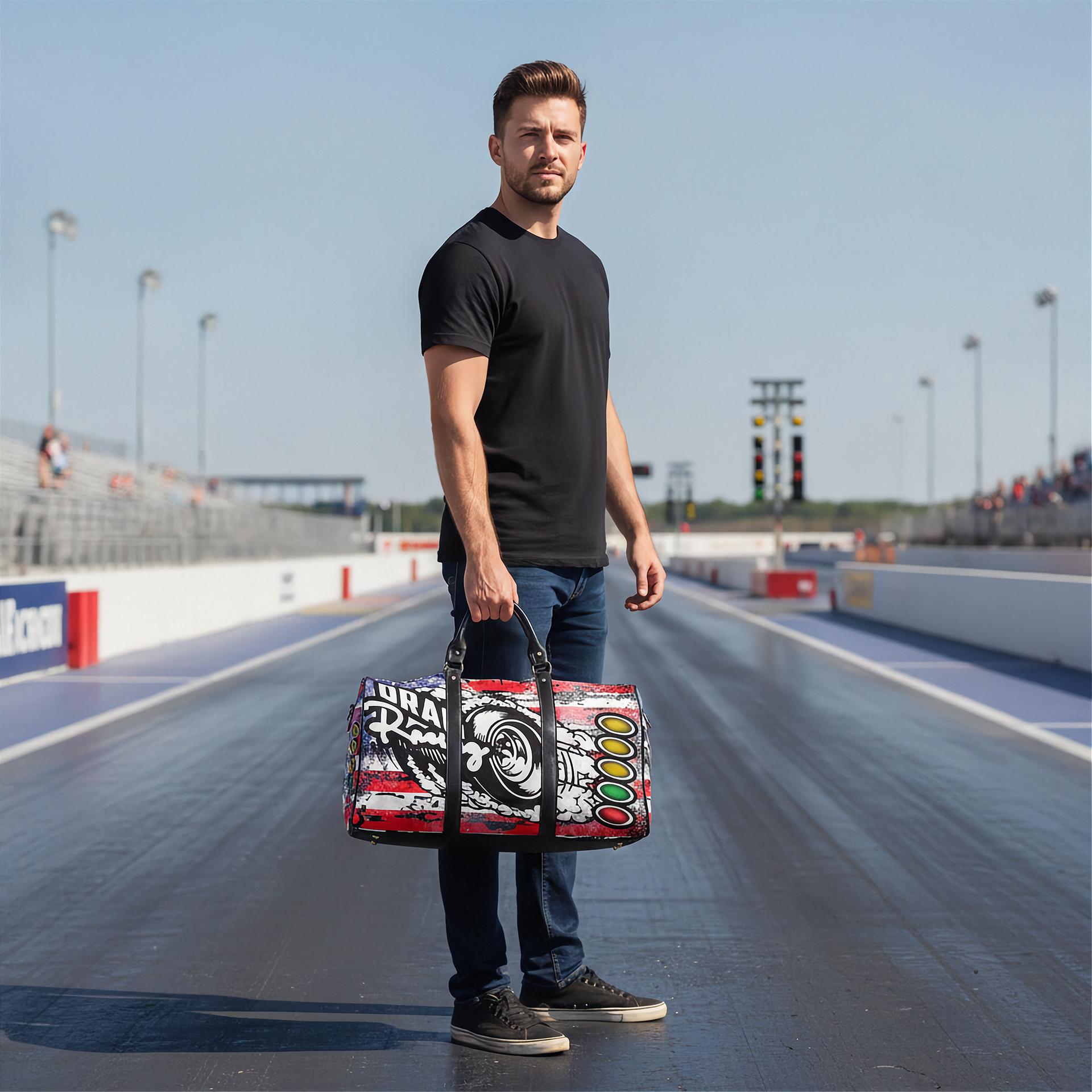 Man holding a drag racing duffel bag on a race track