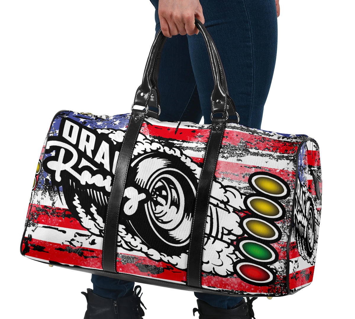 USA Drag Racing Travel Bag featuring waterproof material, patriotic motorsports graphics, padded handles, and an adjustable shoulder strap for track day organization.