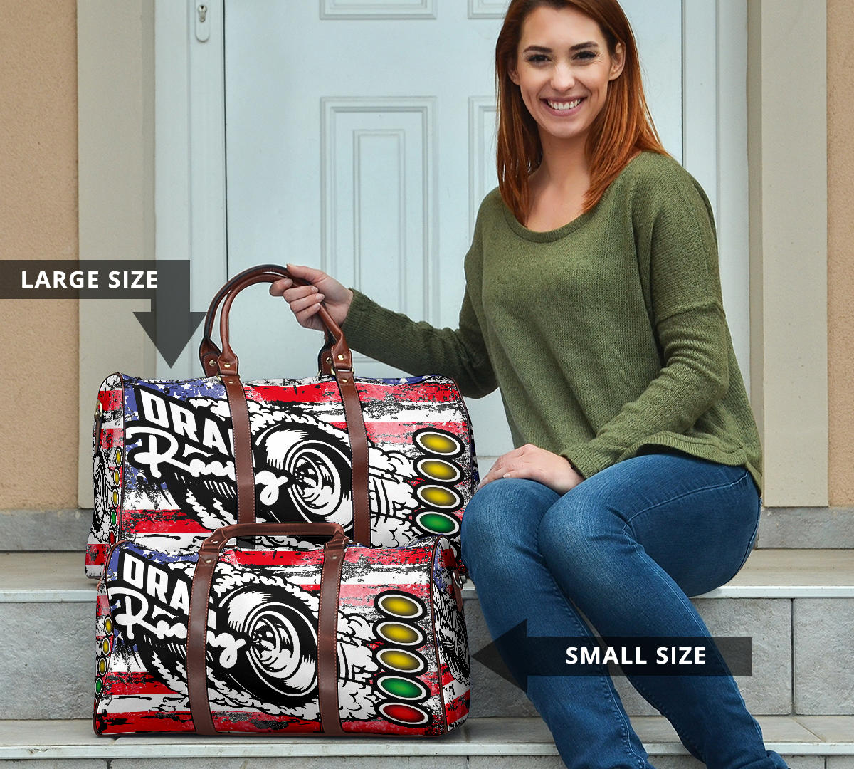 USA Drag Racing Travel Bag featuring waterproof material, patriotic motorsports graphics, padded handles, and an adjustable shoulder strap for track day organization.