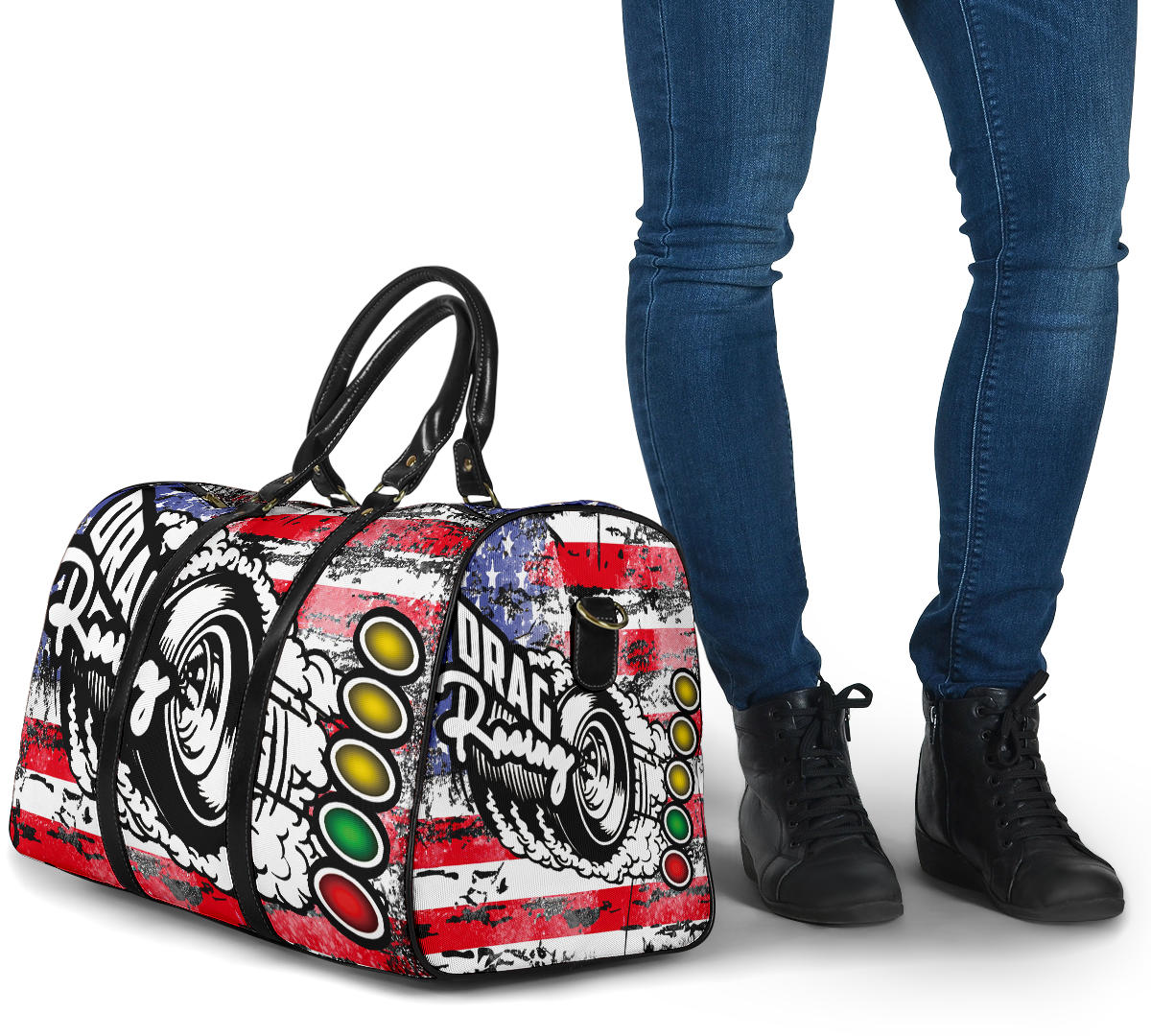 USA Drag Racing Travel Bag featuring waterproof material, patriotic motorsports graphics, padded handles, and an adjustable shoulder strap for track day organization.