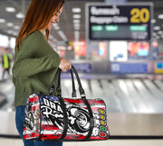 USA Drag Racing Travel Bag featuring waterproof material, patriotic motorsports graphics, padded handles, and an adjustable shoulder strap for track day organization.
