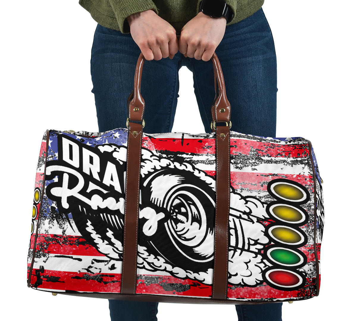 USA Drag Racing Travel Bag featuring waterproof material, patriotic motorsports graphics, padded handles, and an adjustable shoulder strap for track day organization.