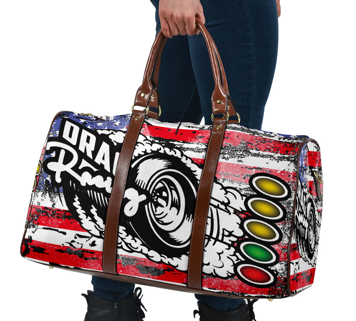 USA Drag Racing Travel Bag featuring waterproof material, patriotic motorsports graphics, padded handles, and an adjustable shoulder strap for track day organization.