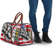 USA Drag Racing Travel Bag featuring waterproof material, patriotic motorsports graphics, padded handles, and an adjustable shoulder strap for track day organization.