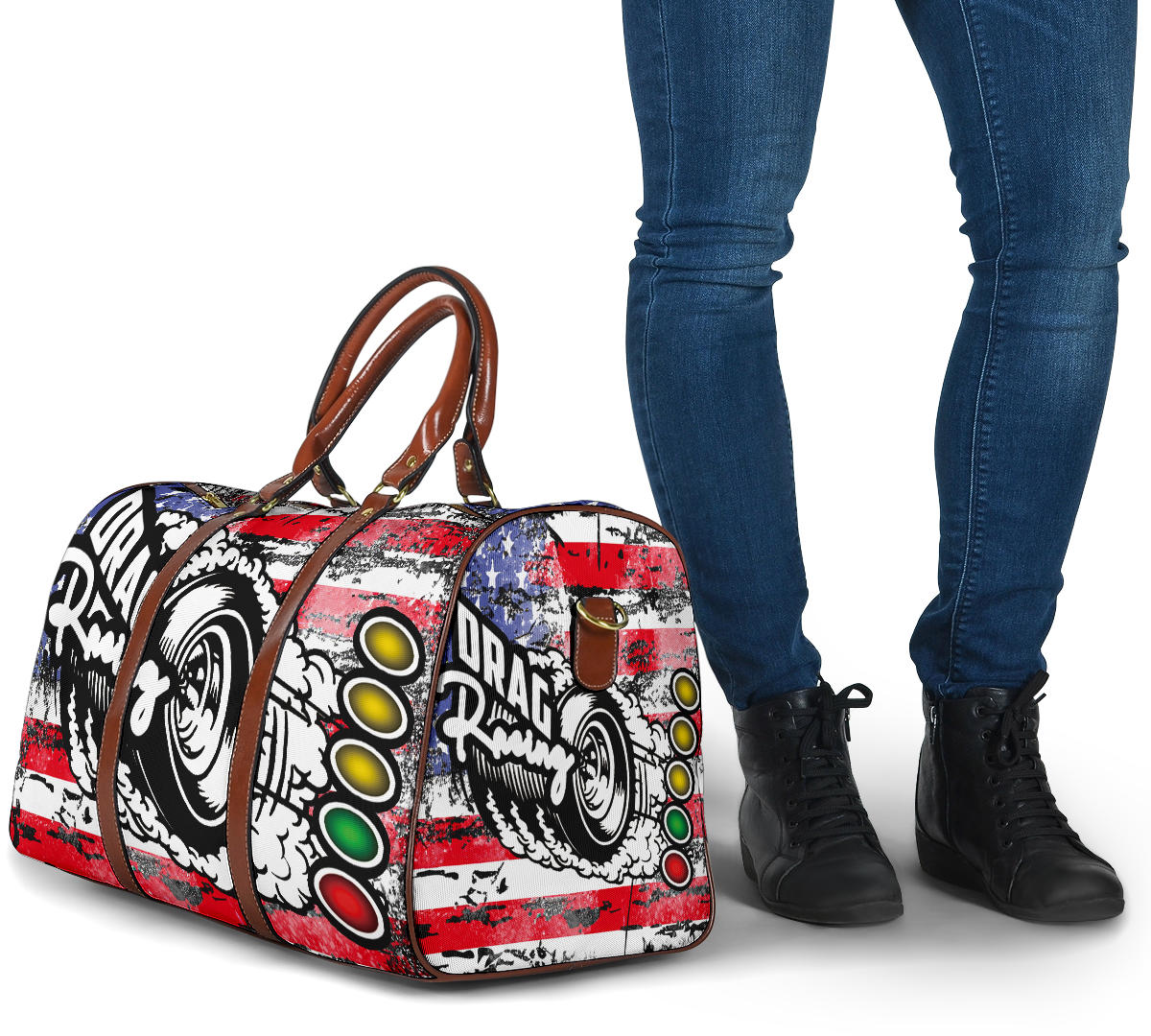 USA Drag Racing Travel Bag featuring waterproof material, patriotic motorsports graphics, padded handles, and an adjustable shoulder strap for track day organization.