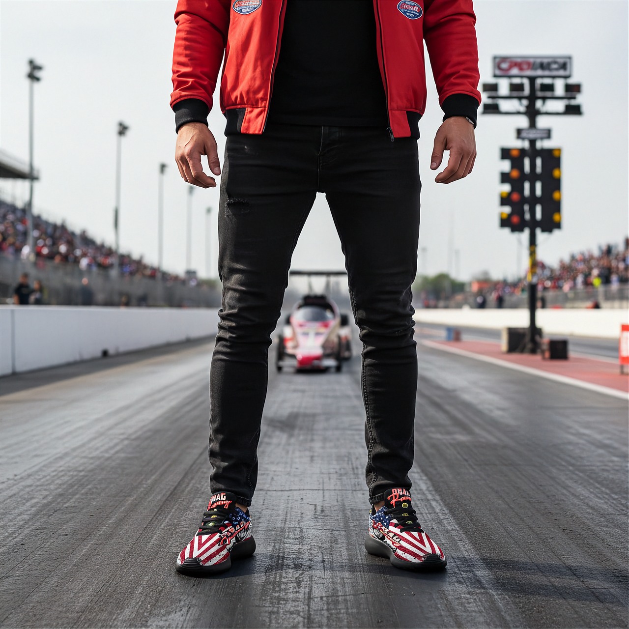 Person in a red jacket and black pants standing on a race track with a car in the background.