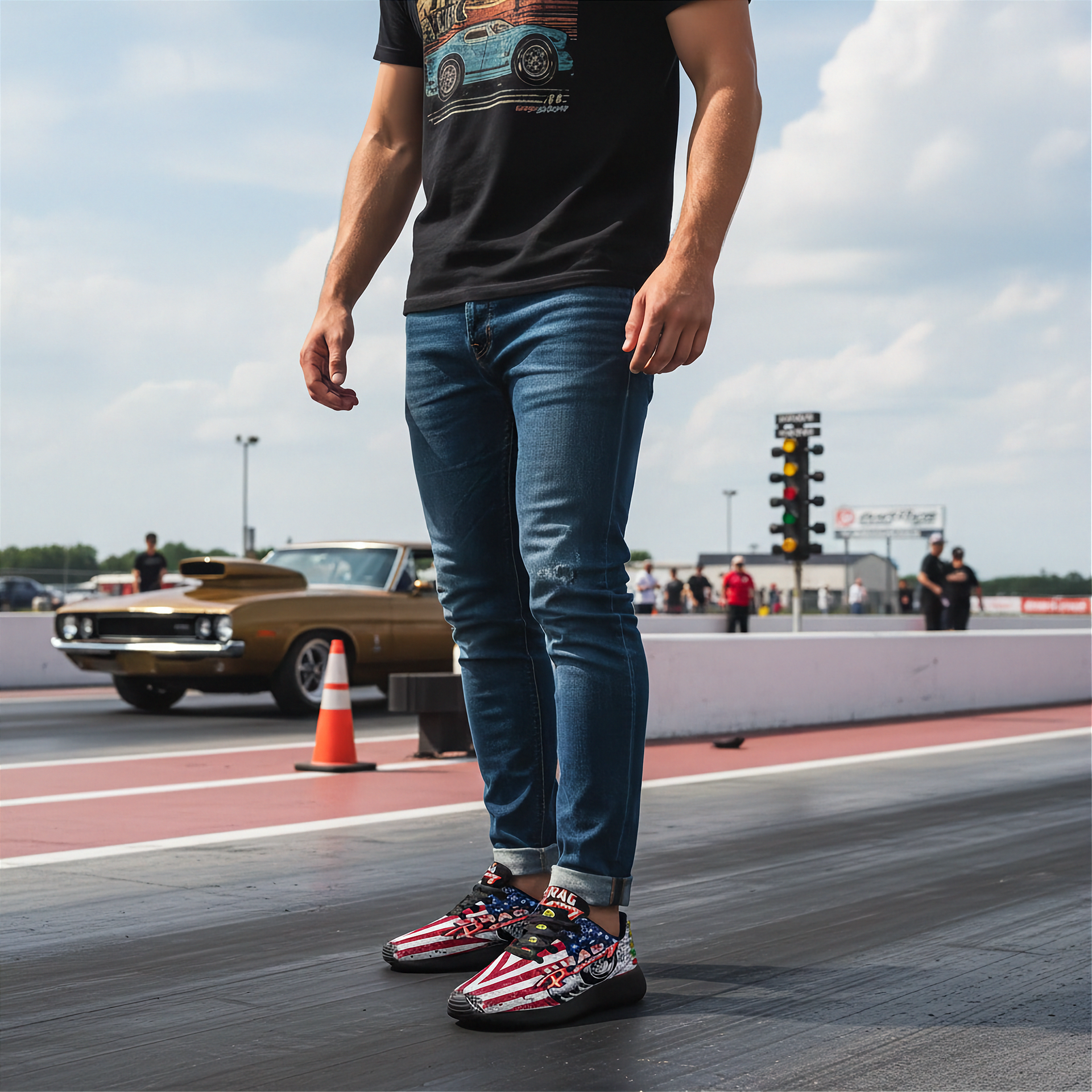 man standing on a race track wearing a black t-shirt with a graphic design, blue jeans, and American flag drag racing sneakers. In the background, there is a classic car and traffic lights.