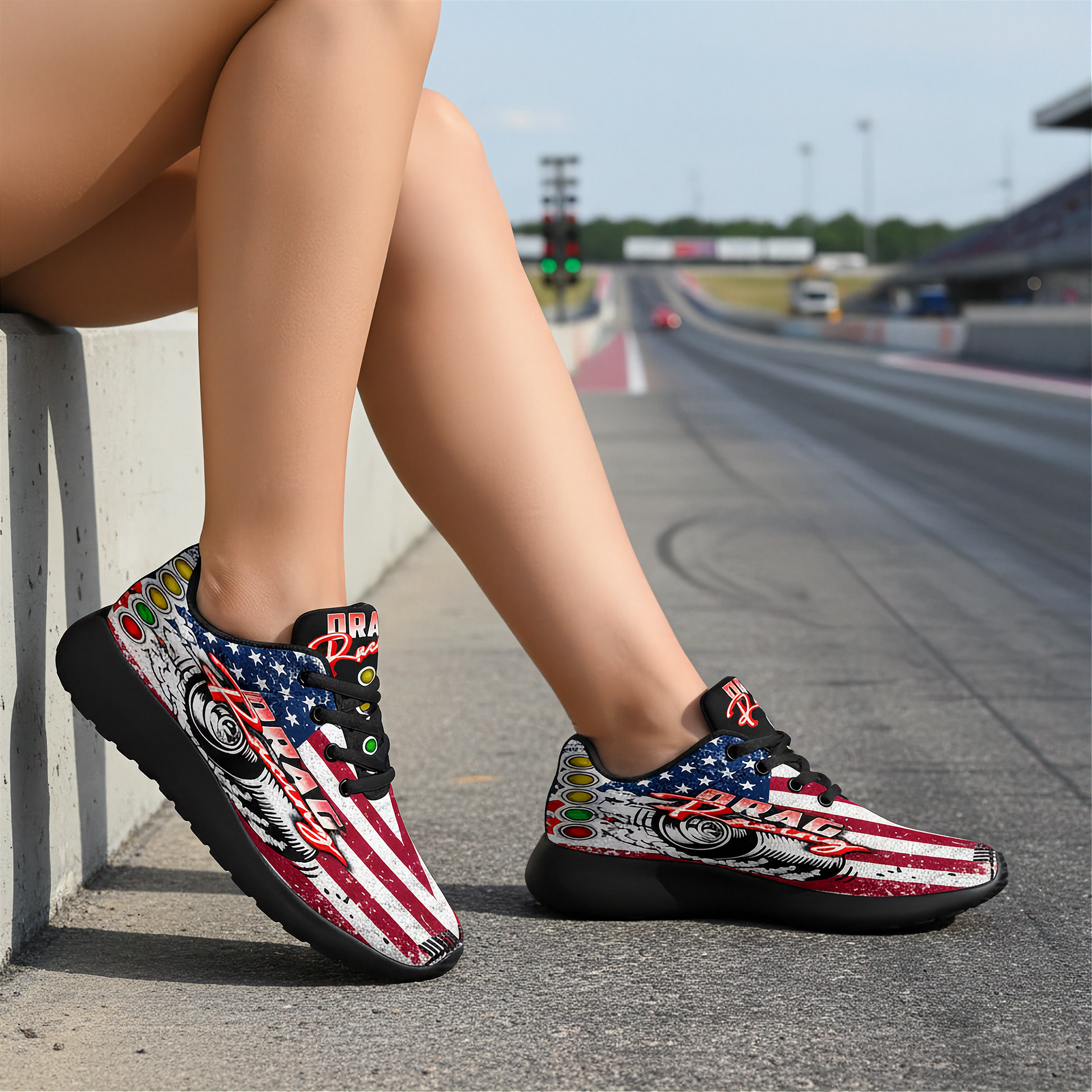 Person wearing American flag-themed drag racing sneakers on a race track.