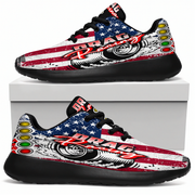 Pair of sneakers with American flag and drag racing design on a white background