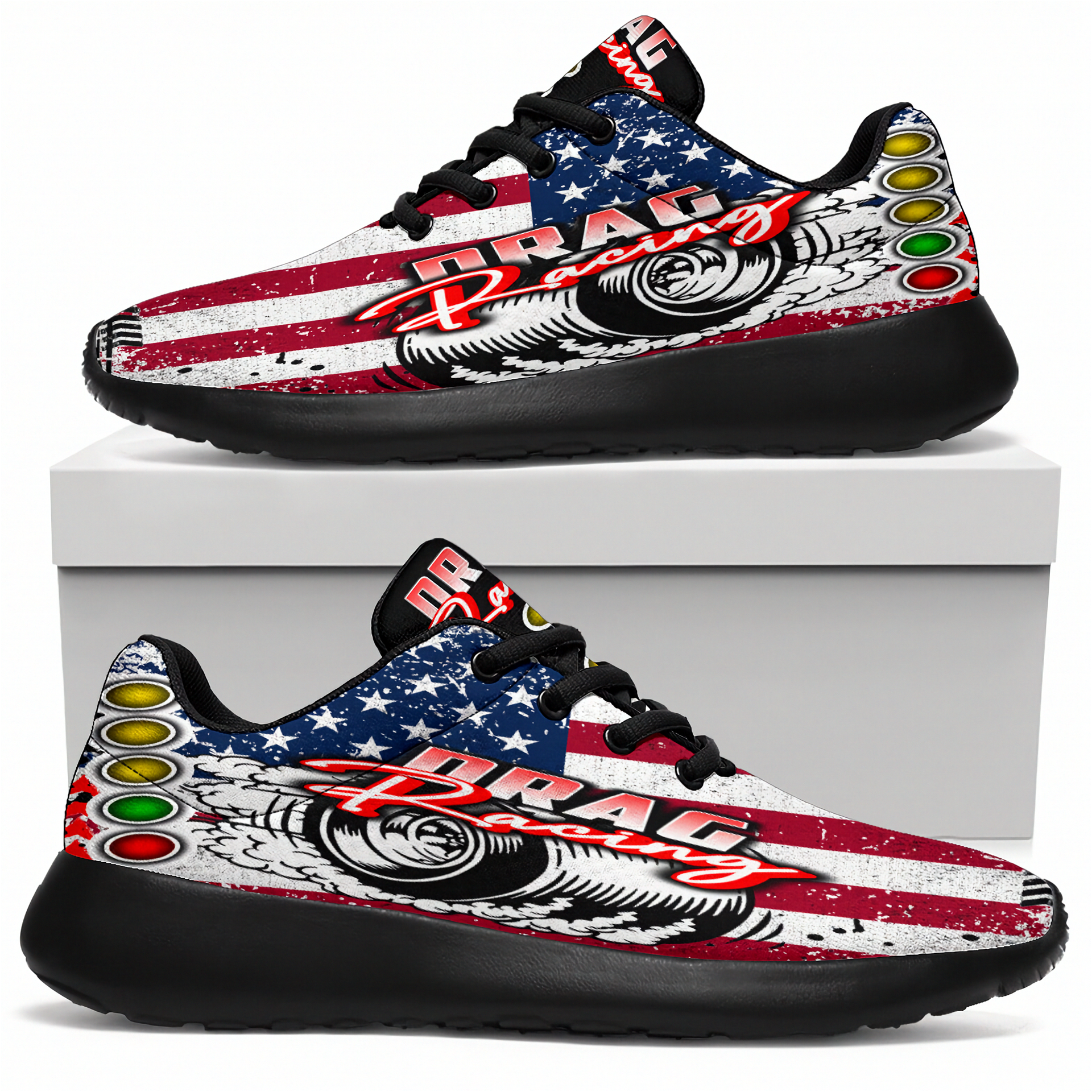Pair of sneakers with American flag and drag racing design on a white background