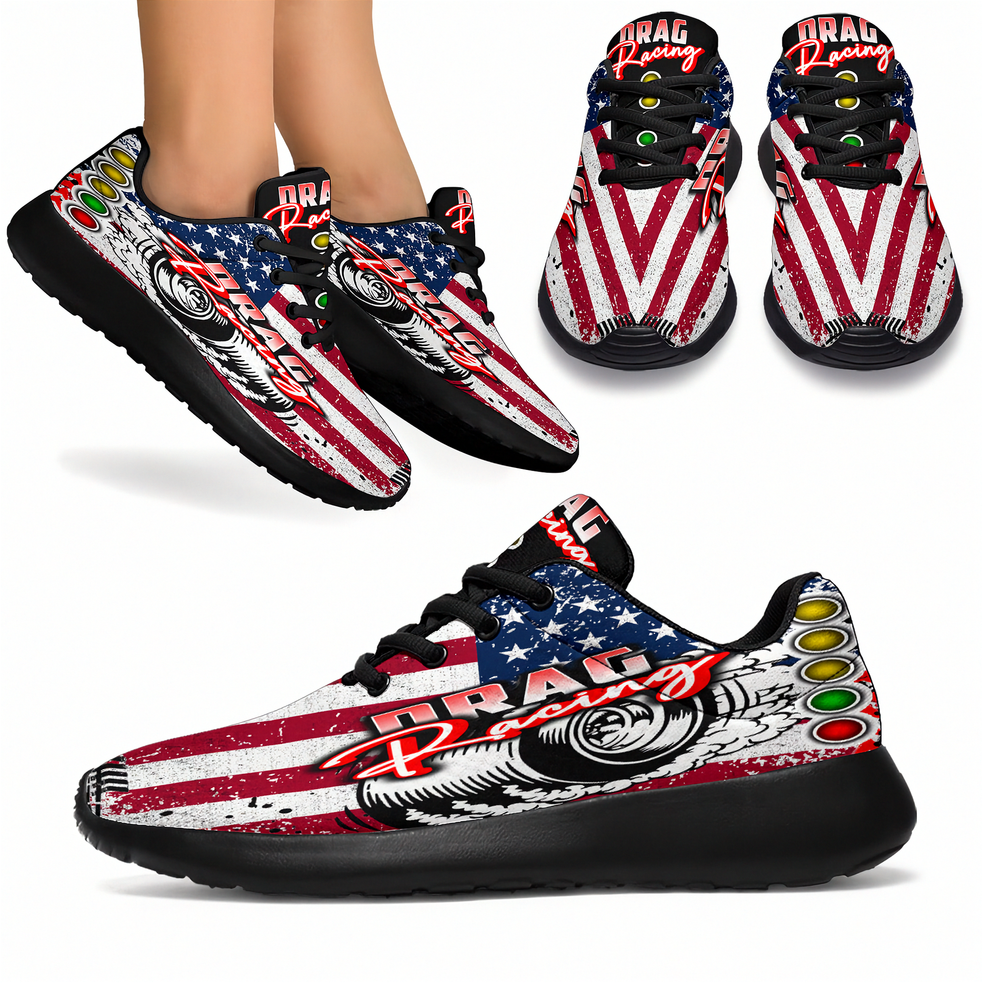 Shoes with American flag design and 'Drag Racing' text on a white background