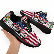 Sneakers with American flag design and 'Draw' branding held by a hand on a white background
