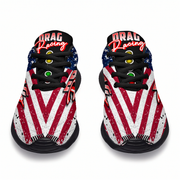 Pair of shoes with American flag design and 'Drag Racing' text on a white background