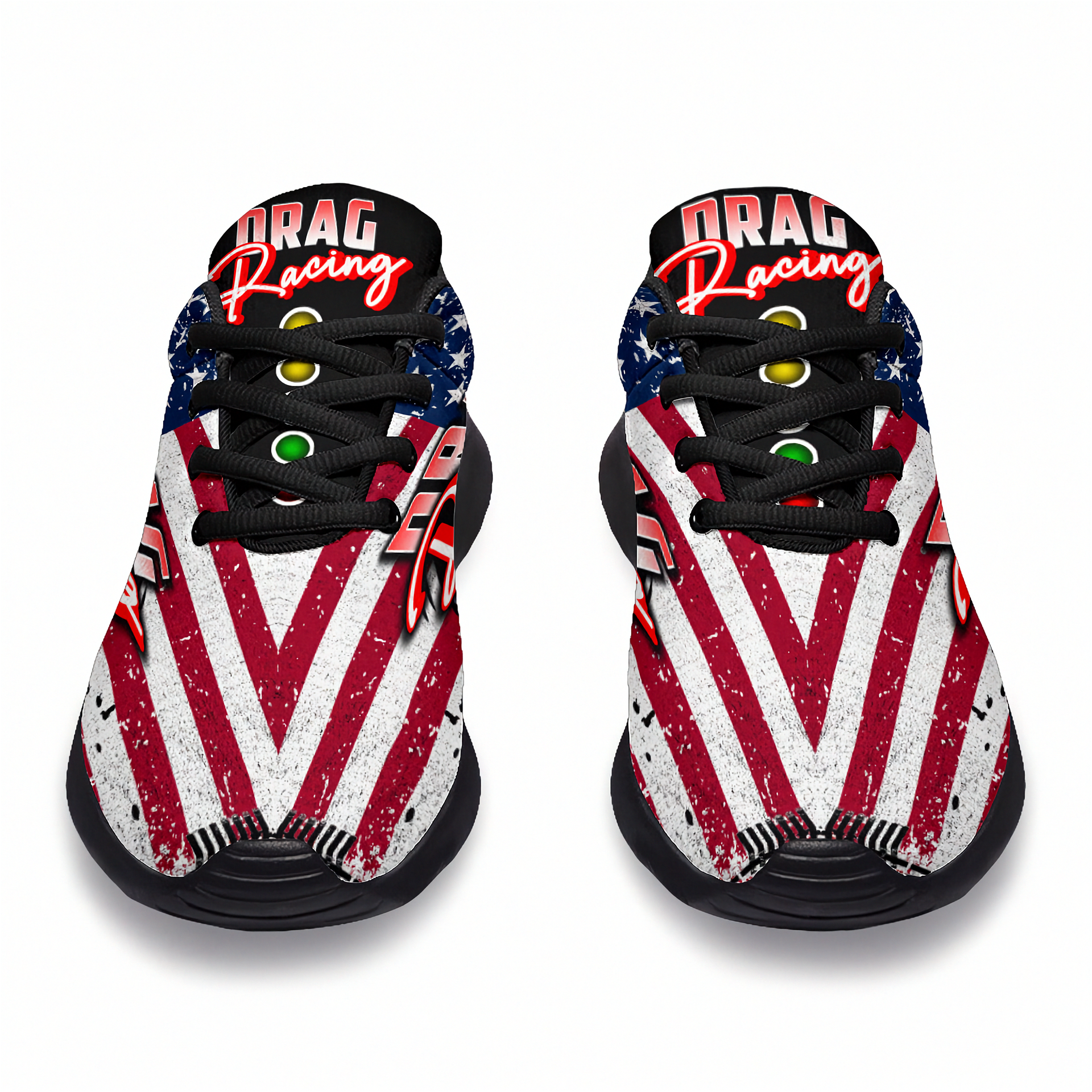 Pair of shoes with American flag design and 'Drag Racing' text on a white background