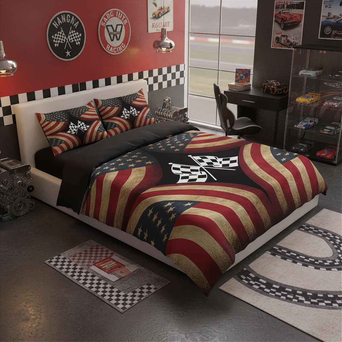 A racing-themed bedroom featuring a bed with a patriotic American flag print comforter and matching pillow shams. The room has a red wall with checkered accents, a desk, and a glass display cabinet filled with toy cars.