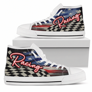 High-top sneakers with racing design and American flag on a white background