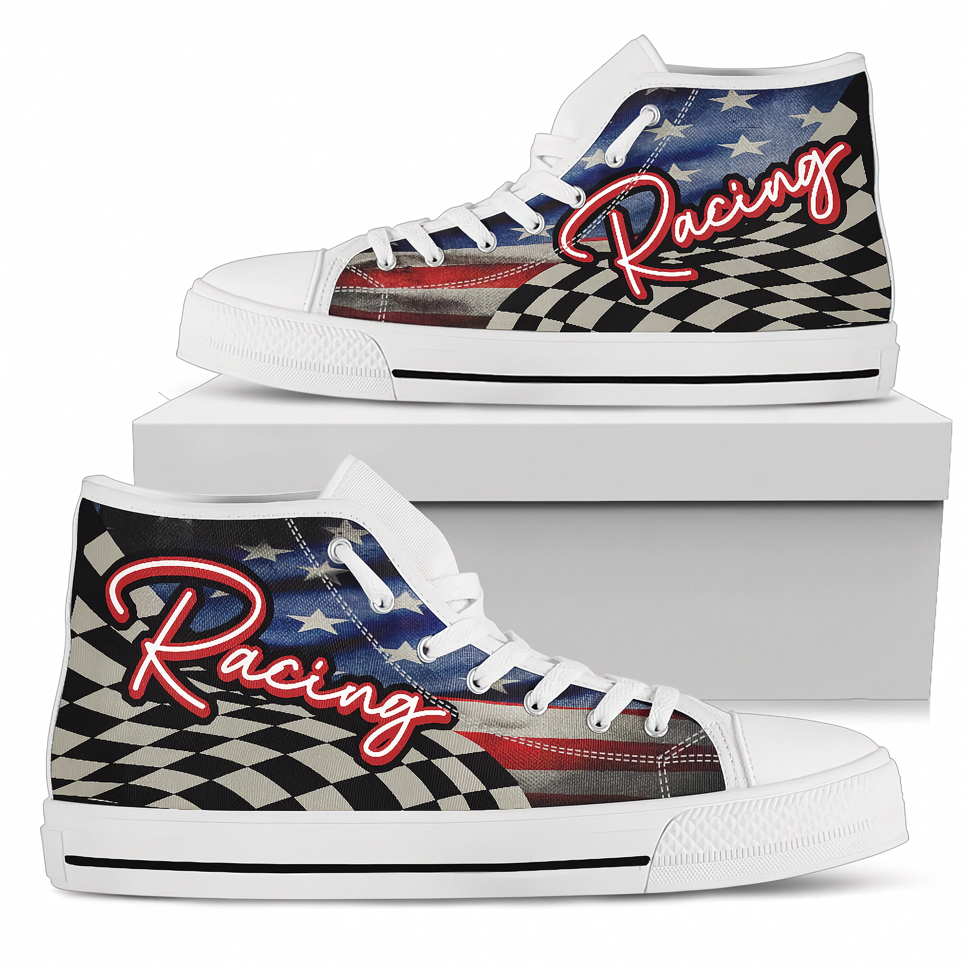High-top sneakers with racing design and American flag on a white background