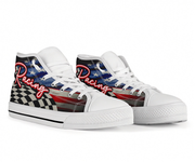 White sneakers with racing-themed design on a white background