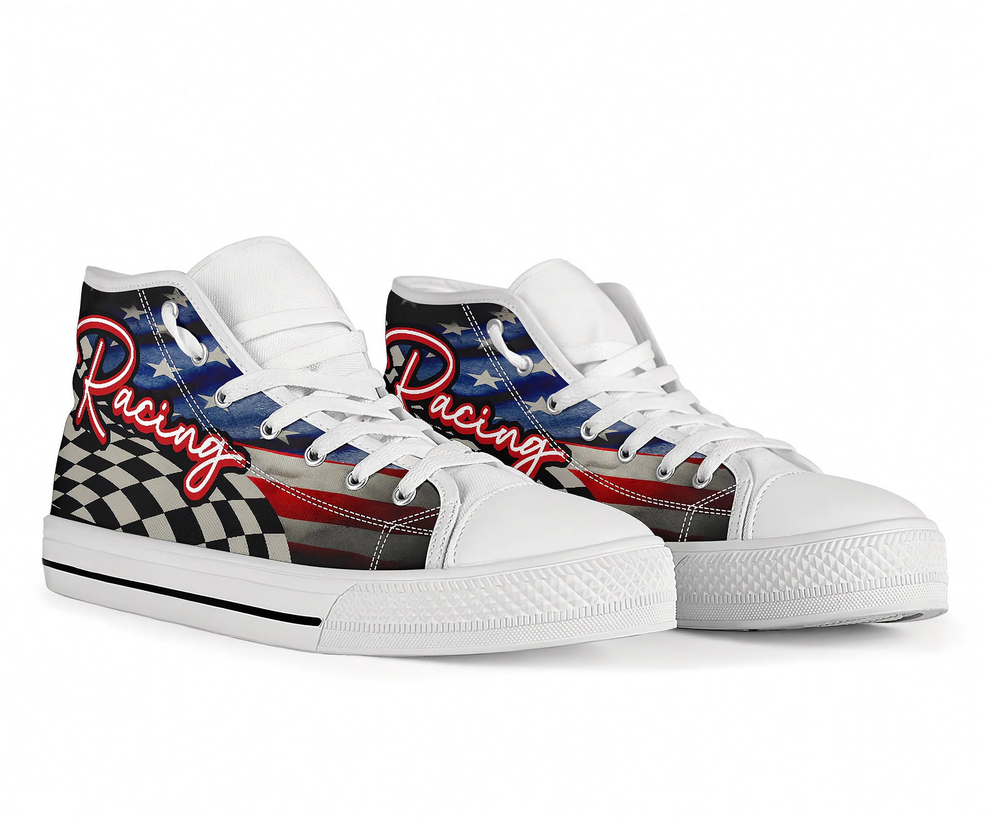 White sneakers with racing-themed design on a white background