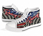 High-top sneakers with racing design and text on a white background
