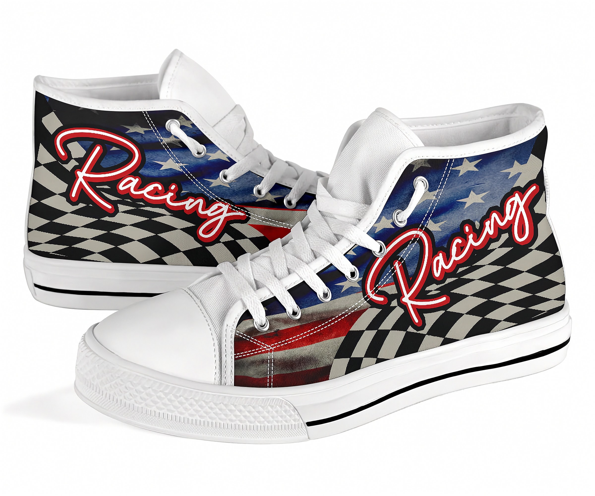 High-top sneakers with racing design and text on a white background