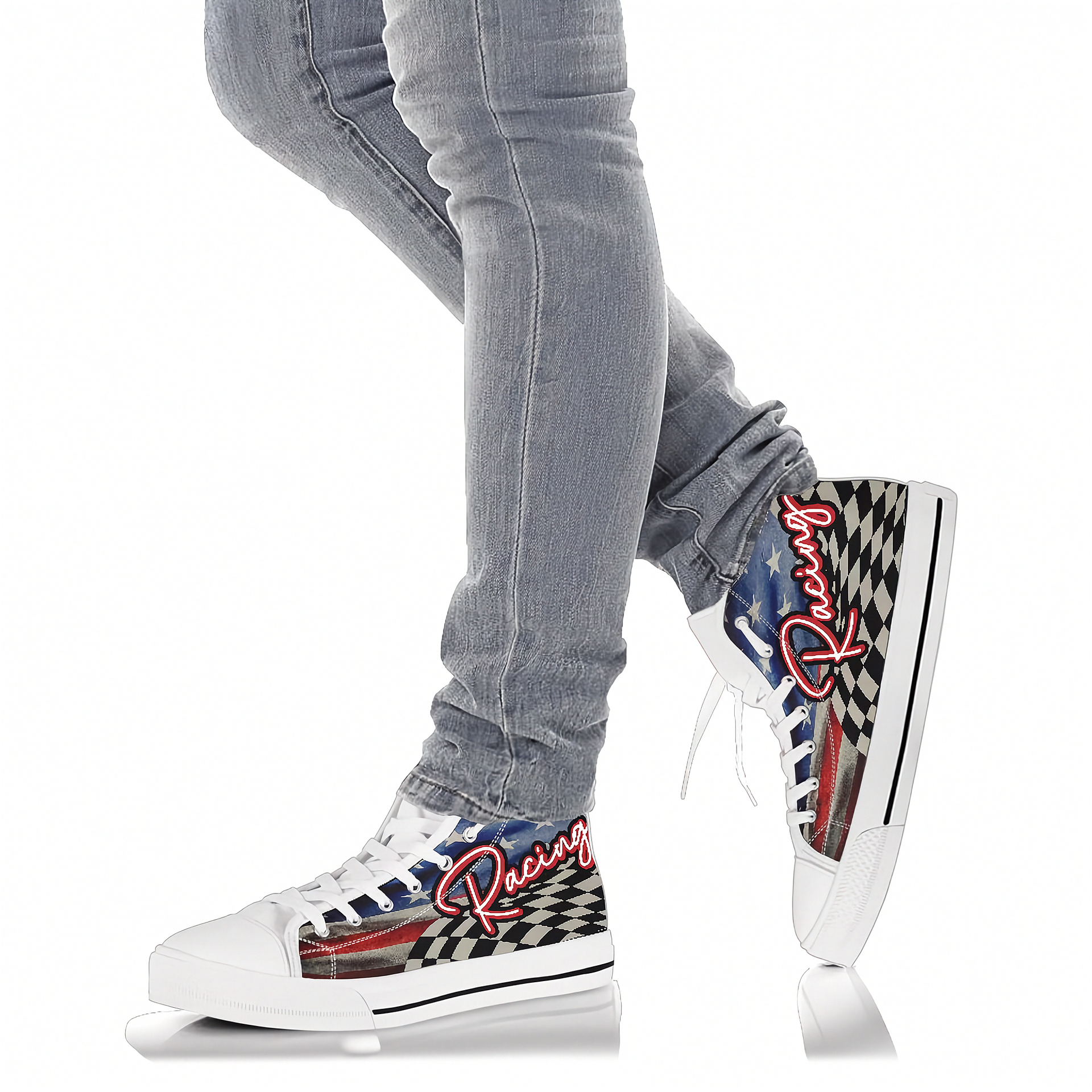 White high top shoes with colorful racing designs and text worn with gray jeans on a white background