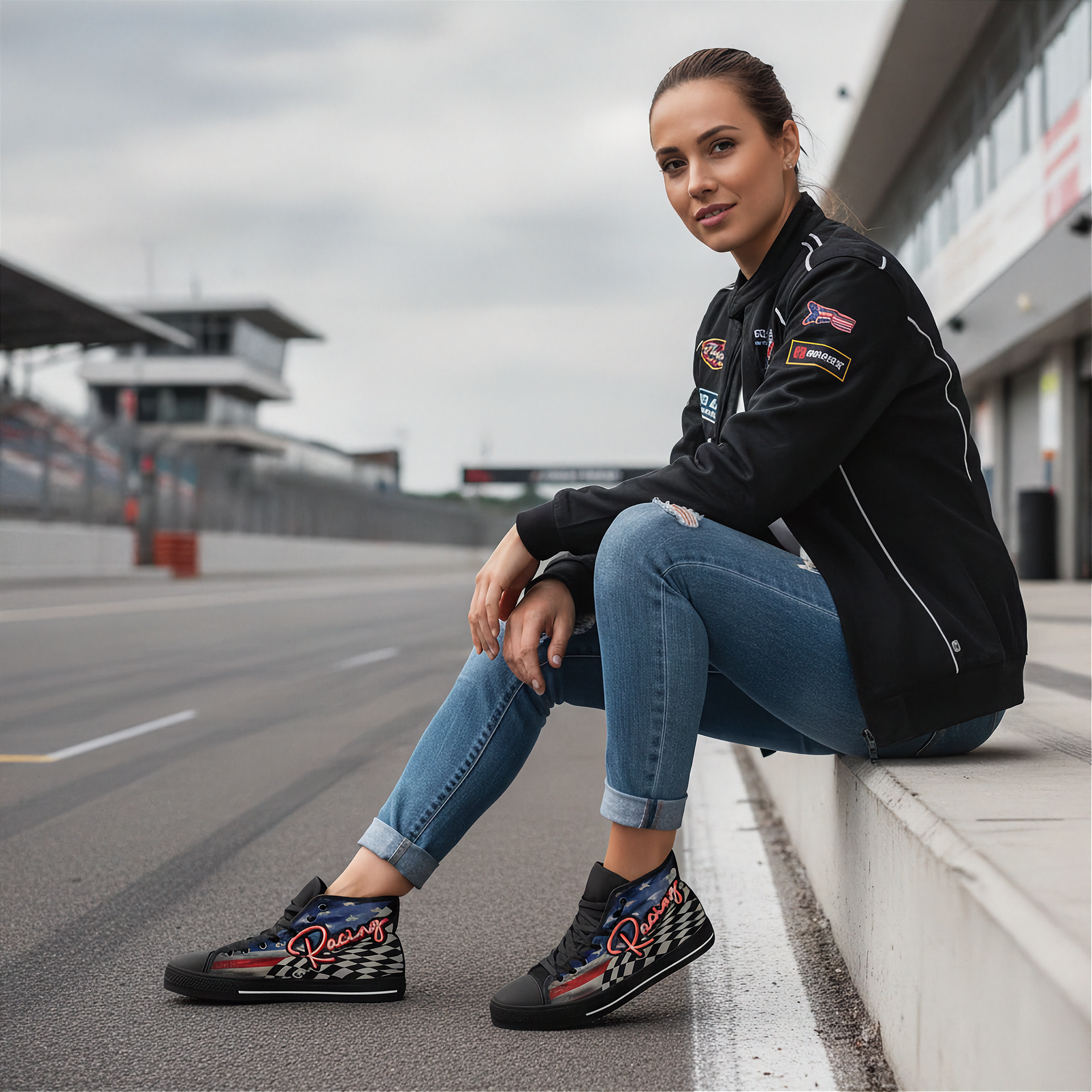 Woman sitting on a race track wearing a branded jacket and racing high top shoes.