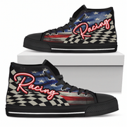 black high-top shoes with racing design on a white background